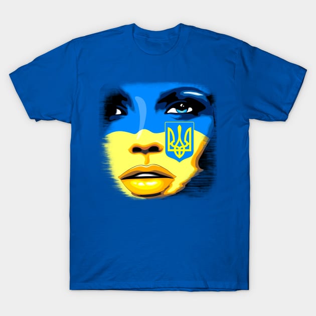 Ukraine Flag painted on Beautiful Girl Portrait T-Shirt by BluedarkArt